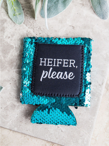 Heifer Please Turquoise Sequins Can Cooler