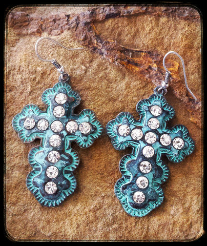 Patina Cross Earrings with Rhinestones