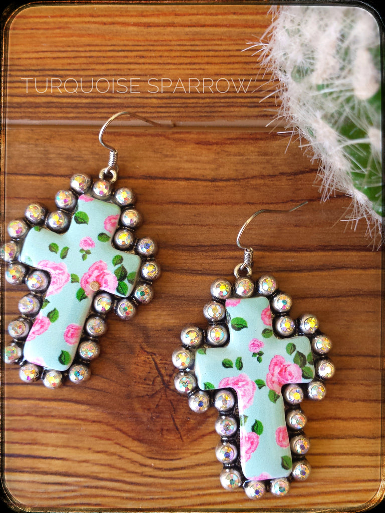 Turquoise Floral Cross Earrings