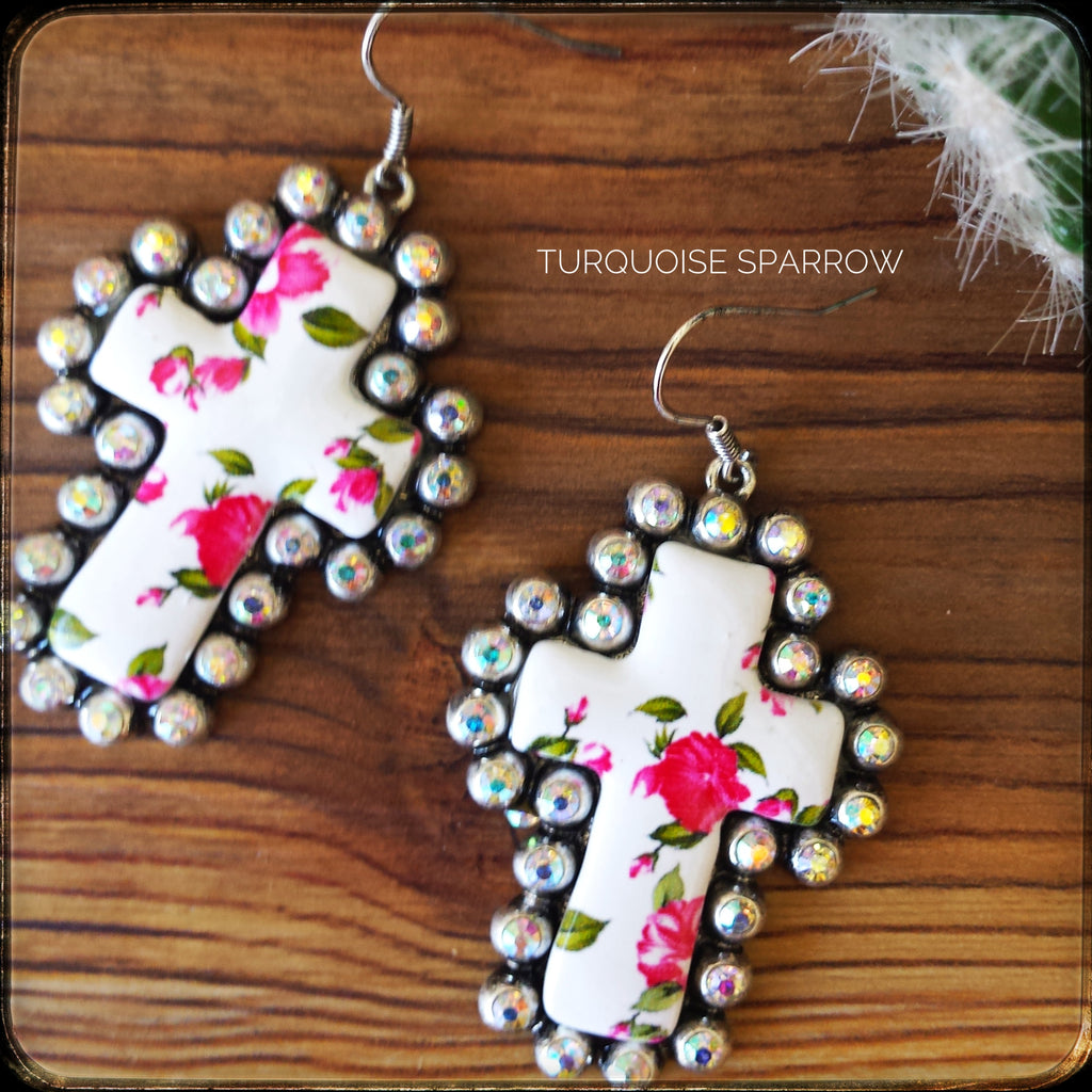 White Floral Cross Earrings
