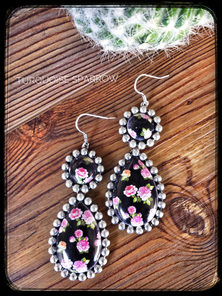 Black Floral Dangle Post Earrings