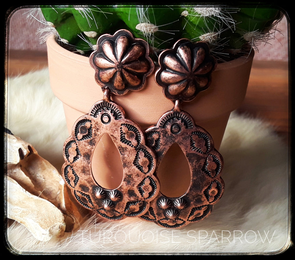 Antique Copper Concho Post Earrings