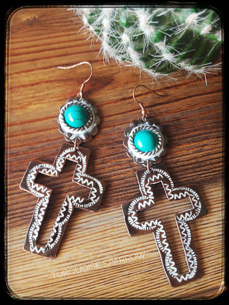 Patina Copper Cross Earrings