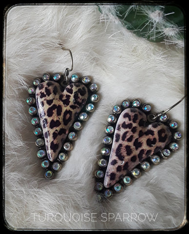 Leopard Heart Earrings with Rhinestones