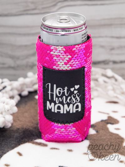 Hot Mess Mama Sequin Slim Can Cooler