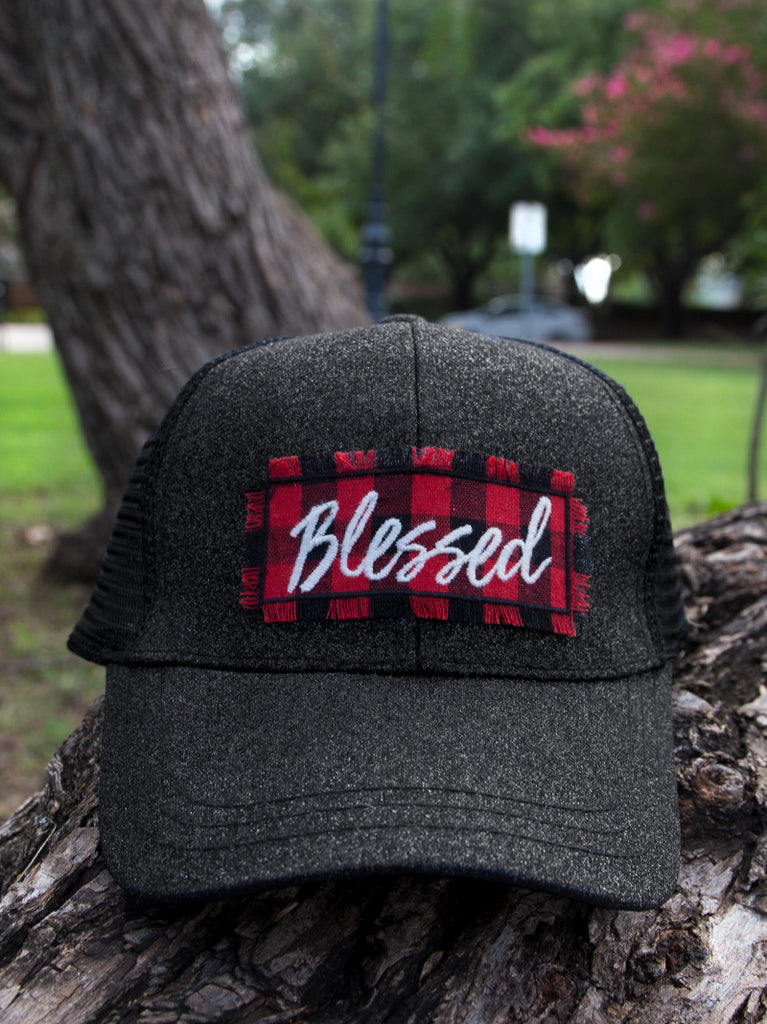 Blessed Buffalo Plaid on Black Glitter Hat