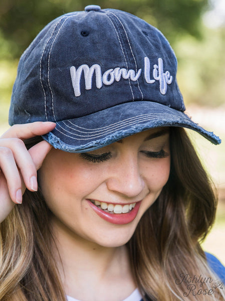 Mom Life Embroidered Navy Distressed Cap