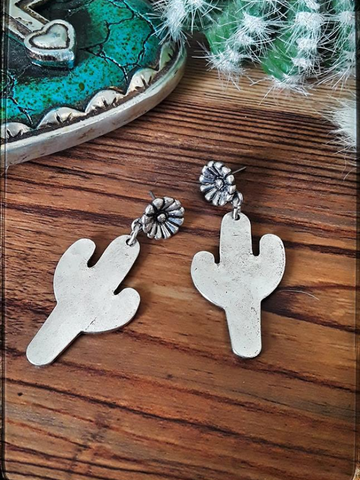 Antique Silver Post Cactus Dangle Earrings