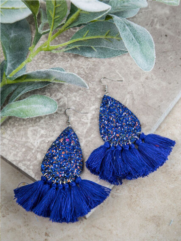 Blue Glitter Tassel Earrings