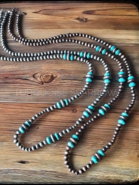 Long layering Navajo Pearl and Turquoise Rondelle Necklace